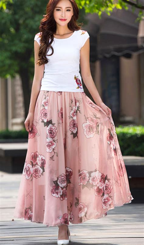 Peach Peonies Floral Chiffon Maxi Skirt Long Skirt Spring Summer