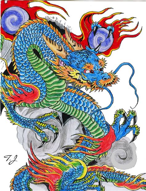 A Drawing Of A Dragon With Red Blue And Green Colors On Its Body