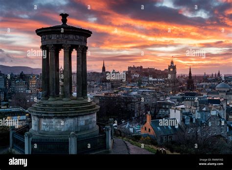 View From Carlton Hill Over Edinburgh With Dugald Stewart Monument At