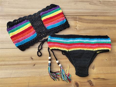 Hand Crochet Rasta Tube Top Bikini Set Beach Stripe Swimwear Etsy