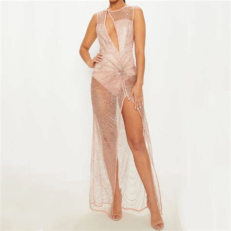 buy sexy sheer mesh glitter dress women chic irregular split cut out maxi