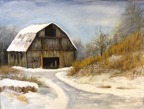 The Old Barn In Winter Snow Scene By Penny Stewart From Winter Landscapes Art Exhibit