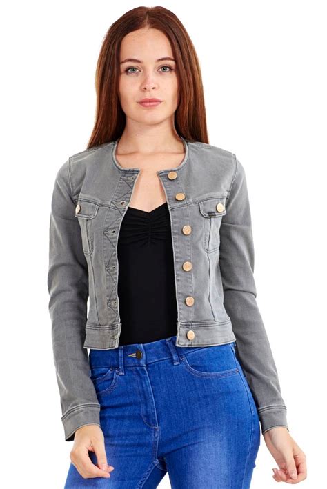 Ladies Collarless Denim Jacket Grey Full Sleeve Womens Casual Ebay