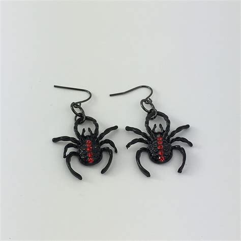 Black Spider With Red Rhinestones Earrings Song Lily