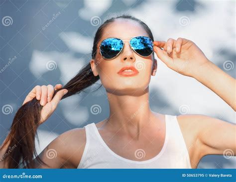 Attractive Girl In Mirrored Blue Sunglasses Stock Image Image Of Freshness Hair 50653795