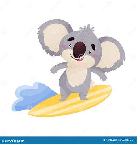 Cartoon Koala Rides On The Surf Vector Illustration On White