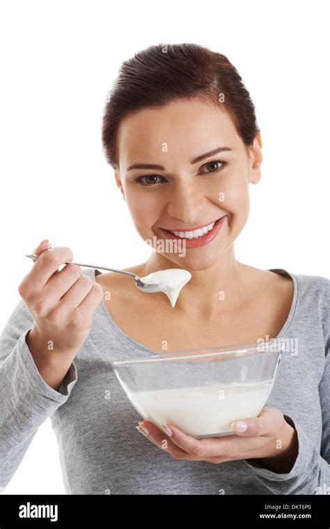 Young Woman Eating Yogurt Model Hi Res Stock Photography And Images Alamy