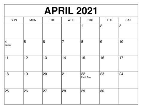 April Calendar 2021 With Holidays 2022 Calendar