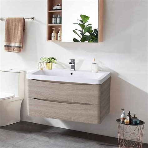 Nrg 800mm Light Oak Effect 2 Drawer Wall Hung Bathroom Cabinet Vanity