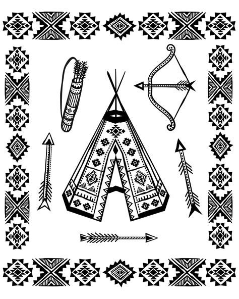 Native American Tipi And Symbols Native American Adult Coloring Pages