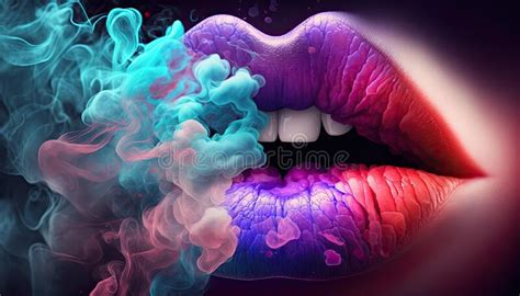 Female Lips Close Up Wearing Colorful Lipstick In Multi Colored Smoke