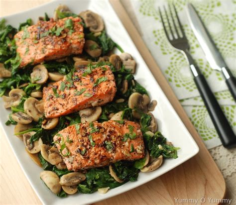 Chop salmon into cubes and add to mixture. Pan-Fried Salmon with Sautéed Mushroom and Spinach | Yummy ...