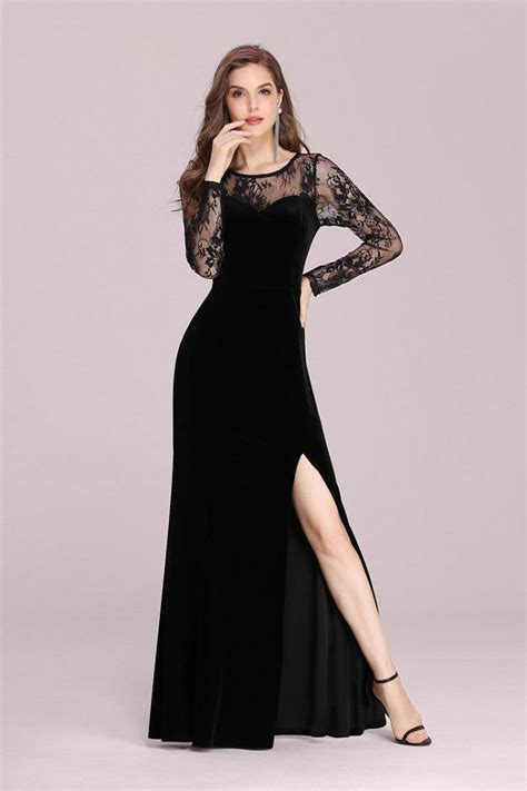 Black Lace Long Sleeves Velvet Evening Dress With Side Split 4848 Ep00361bk