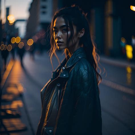 Premium Ai Image A Woman In A Black Leather Jacket Stands On A Street