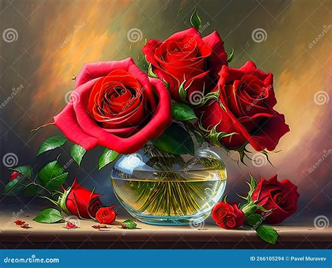 Red Rose In Vase On Table Still Life Roses Flowers In Vase Bouquet Of