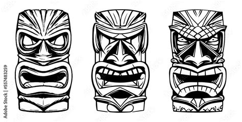 Hawaiian Traditional Tribal Wooden Tiki Mask In Vintage Monochrome