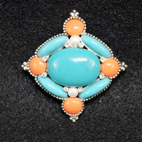 Vintage Turquoise Look Pin With Coral Colored Accents And Faux Pearls