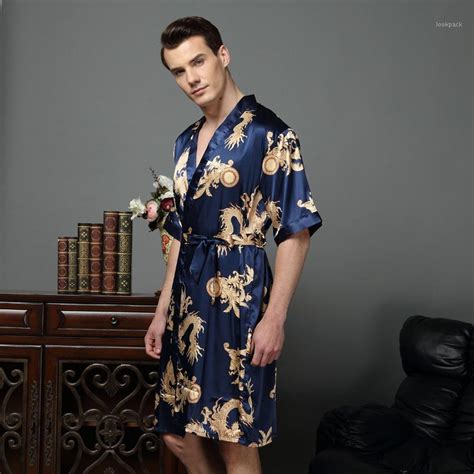 2021 Chinese Dragon Male Silk Dressing Gown Mens Satin Robe Robe With