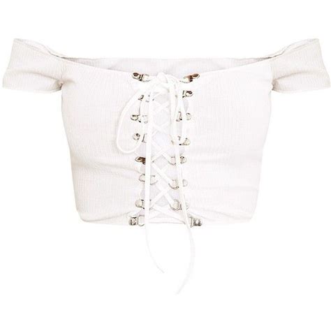 Lia White Ribbed Bardot Corset Detail Crop Top 19 Liked On Polyvore Featuring Tops Crop Tops