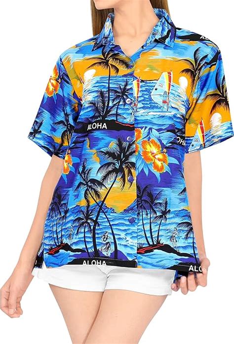 La Leela Damen Zukn Pfen Hawaiihemd Boyfriend Tropisch Druck Kurzarm Strand Blusenshirt Sommer