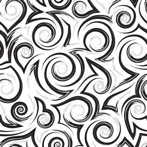 Vector Monochrome Geometric Seamless Pattern Of Flowing Spirals Curls