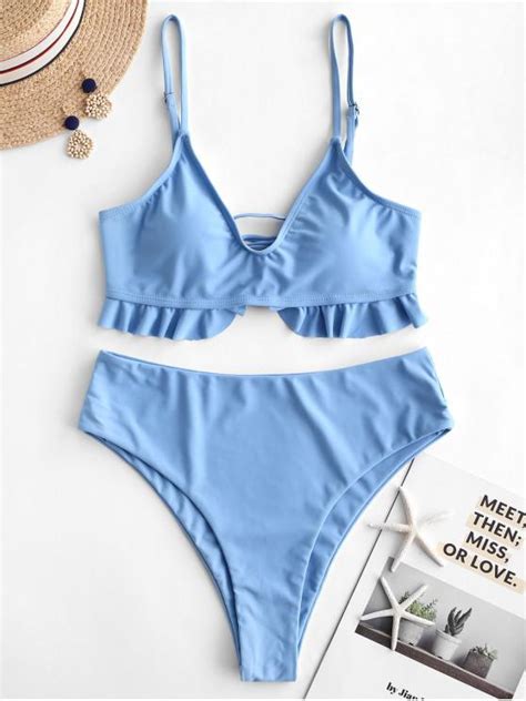 [31 off] 2021 zaful lace up ruffle high leg bikini swimsuit in day sky blue zaful