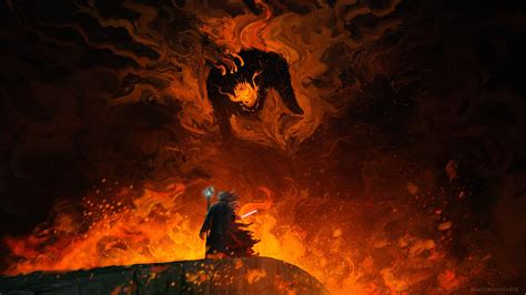 'those that looked up from afar thought that the mountain was crowned with storm. Balrog vs Gandalf Lord Of The Rings Wallpaper, HD Fantasy 4K Wallpapers, Images, Photos and ...