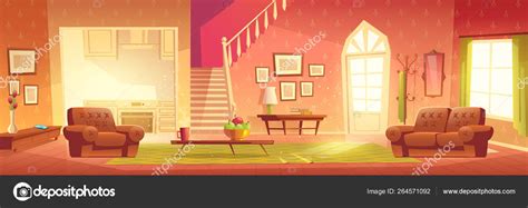 Cartoon Home Interior Bright Hall And Living Room Stock Vector Image