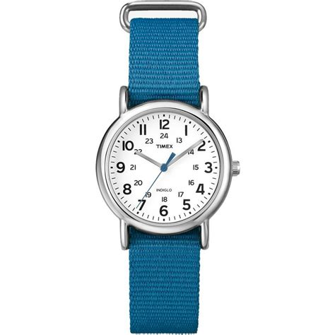 timex women s t2p2279j weekender silver tone watch with blue nylon band