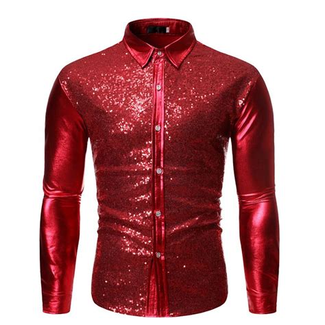 2021 Mens Luxury Red Sequin Dress Shirts Slim Fit Long Sleeve Shirt Men Camisa Masculina Stage