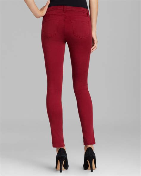 Lyst J Brand Jeans Luxe Sateen 485 Mid Rise Super Skinny In Gaya In Red