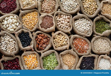 Various Kinds Of Dry Organic Cereal And Grain In Sack Stock Photo