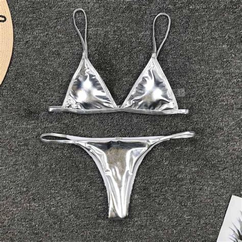 Thong Bikini Set Micro Triangle Metallic Swimwear