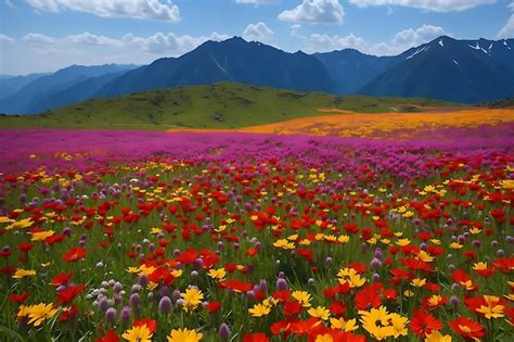 Premium Ai Image Flower Field On The Mountain