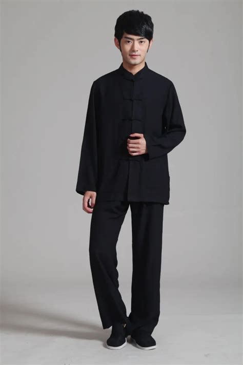 Tradition Chinese Style Black Mens Linen Kung Fu Sets Jacket Pants