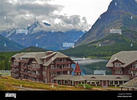Swiftcurrent Lake And Many Glaciers Lodge In Glacier National Park Stock