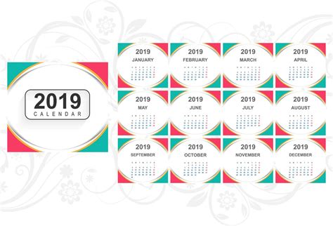 Calendar 2019 Template With Wave Background 249804 Vector Art At Vecteezy