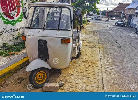 Old White Broken Wrecked Tuk Tuk Rikshaw Wreck In Mexico Editorial