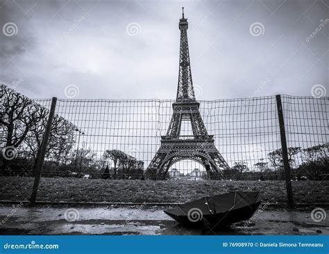 Eiffel Tower And Umbrella On A Rainy Day Stock Photo Image Of