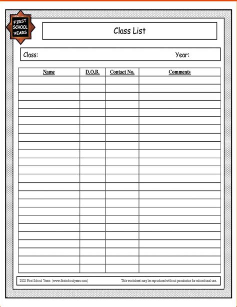 Free Printable Class Roster Template Free Printable Templates