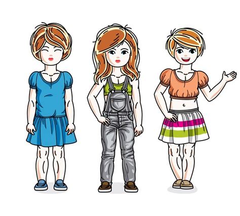 Premium Vector Cute Little Girls Standing In Stylish Casual Clothes
