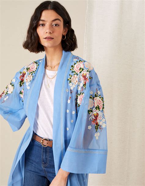 Sheer Embroidered Longline Kimono Blue Womens Jackets Monsoon Uk