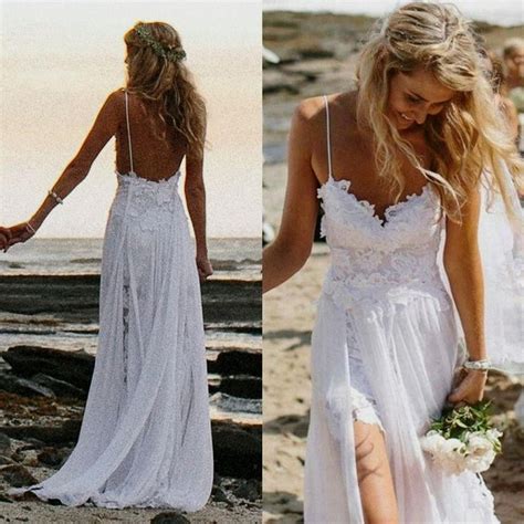 White Lace Spaghetti Straps Slit Backless Beach Bridal Wedding Dress