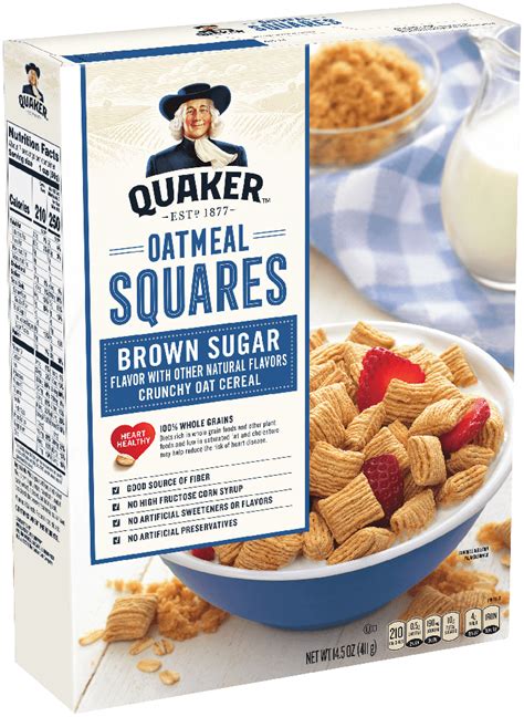 Made with heart healthy 100% whole grain quaker® oats* *diets rich in whole grain foods and other plant foods and low in saturated fat and cholesterol may help reduce the risk of heart disease. Product: Cold Cereals - Oatmeal Squares, Brown Sugar ...