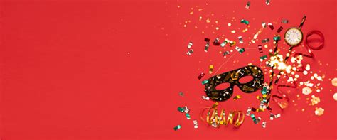 Festive Layout Mask Streamer Confetti Red Background New Years Festival