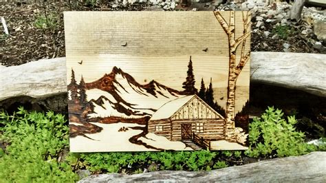 Pyrography Wood Burning Art Mountain Abstact Pine Scene Landscape