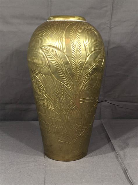 Vintage Brass Floor Vase Engraved Metal Vase Decorative Gold Vase