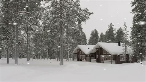 Beautiful Ethereal Winter Scene Of A Snow Covered Log Cabin With Sparkling Snowflakes Falling