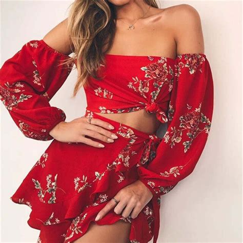 New Hot Summer Two Piece Set Women Sexy Off Shoulder Ruffles Tops Skirts Set Floral Print Female