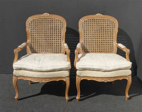 Vintage french provincial cane arm chair w down cushion cabriole legs. Pair of Vintage French Provincial Wood Cane Back ...